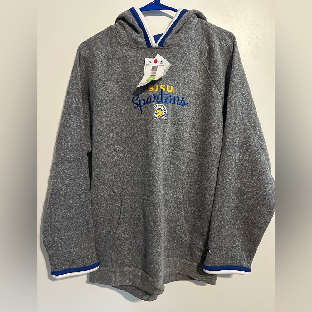 Champion Gray Hoodie with Blue and Yellow Accents